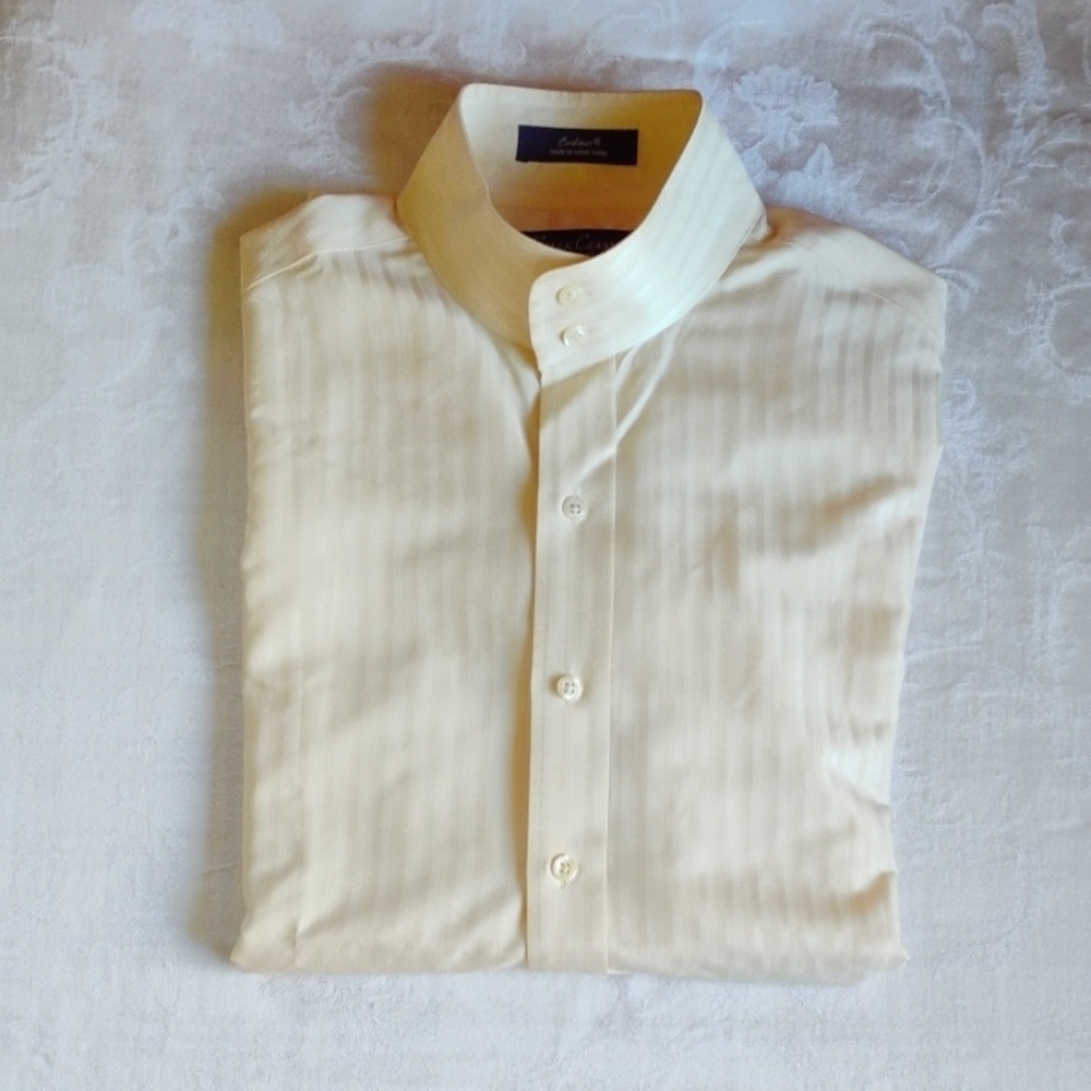 Cream Dress Shirt with Classic Collar and Subtle Stripes